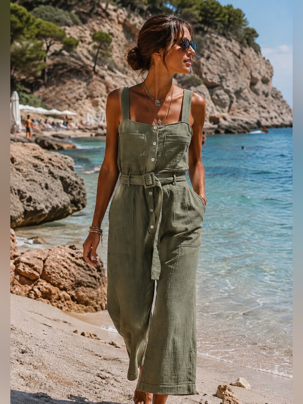 ZARA Maya Textured Wide Leg Jumpsuit Olive Green Size XS